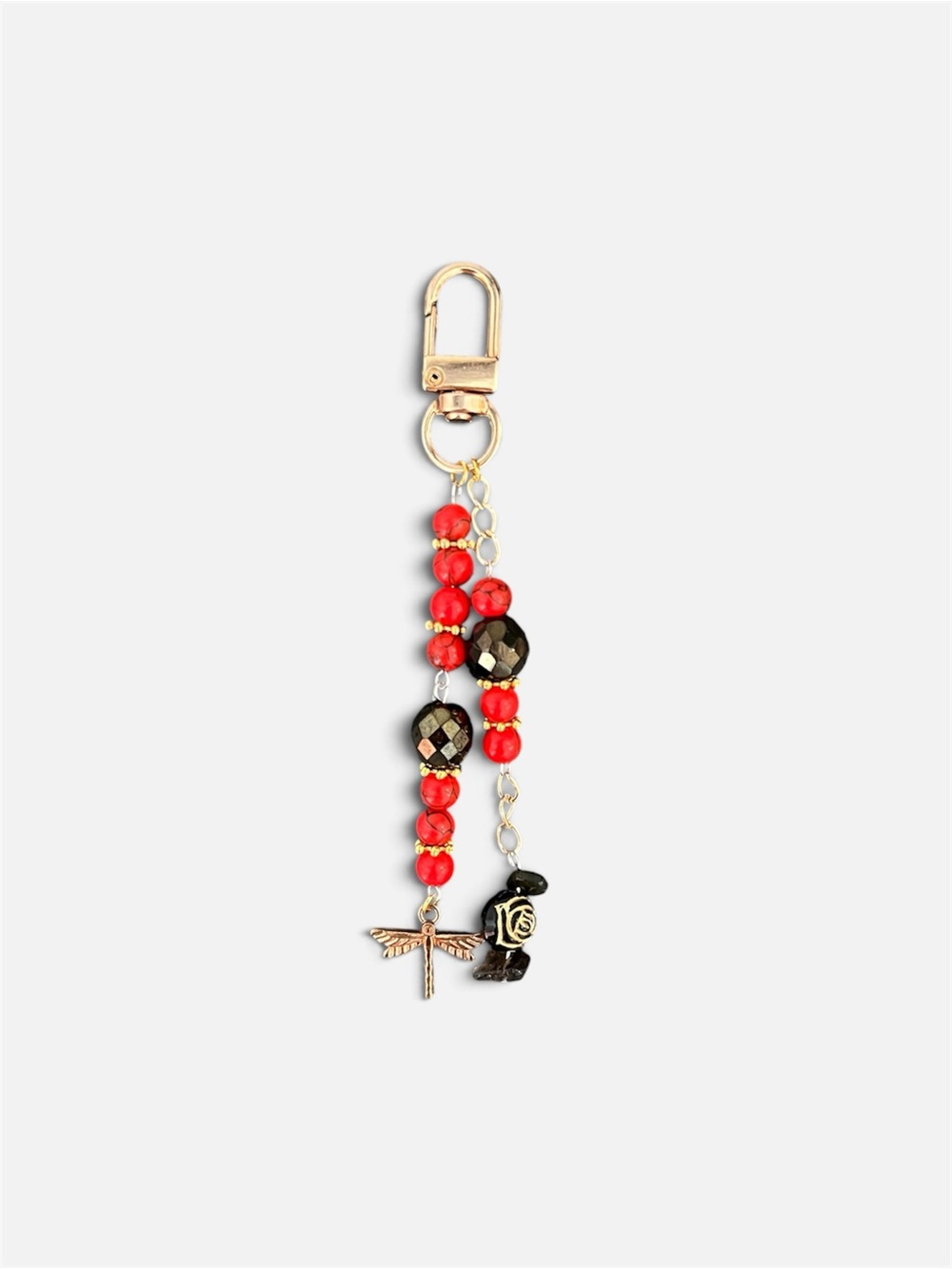 Beaded Dragonfly & Rose Keychain - Red and Black